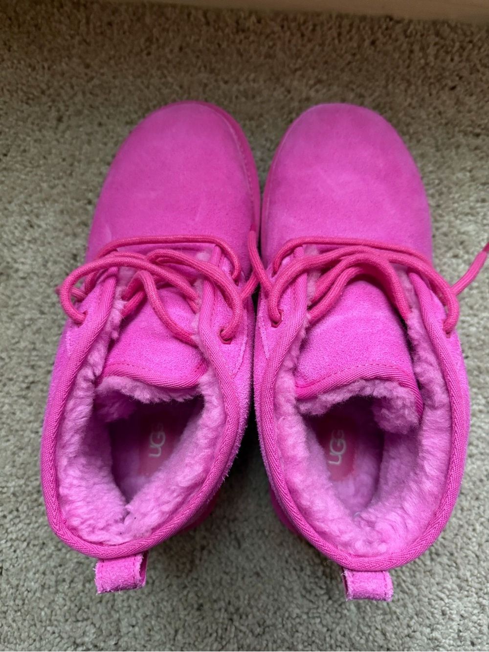 UGG Women Hot Pink Suede Lace-Up Shearling Booties